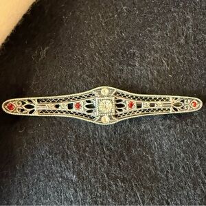 Vintage Sterling Silver Bar Pin Brooch with red and clear gem stones.